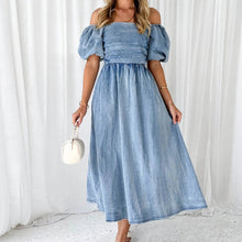 Load image into Gallery viewer, Off-Shoulder Balloon Sleeve Denim Dress