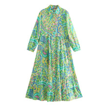 Load image into Gallery viewer, Green Print Long Sleeve Button Down Midi Dress