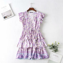 Load image into Gallery viewer, Boho Lilac Floral Print Mini Dress