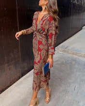 Load image into Gallery viewer, Classic Deep V-neck Print Long Sleeve Midi Dress