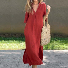 Load image into Gallery viewer, Classic V-neck Split Side Pockets Linen Midi Dress