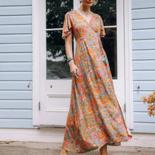 Load image into Gallery viewer, Vintage Boho Orange Floral Print Maxi Wrap Dress