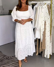 Load image into Gallery viewer, White Elastic Neck Half Sleeve Midi Lace Dress