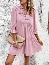 Load image into Gallery viewer, Ruched Notched Flounce Long Sleeve Mini Dress