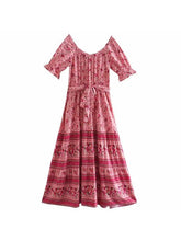 Load image into Gallery viewer, Boho Blue Floral Print Short Sleeve Maxi Dress