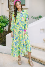 Load image into Gallery viewer, Green Print Long Sleeve Button Down Midi Dress