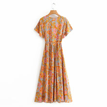 Load image into Gallery viewer, Vintage Boho Orange Floral Print Maxi Wrap Dress