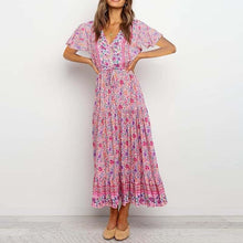 Load image into Gallery viewer, Pink Floral Print Cotton Short Sleeve Flowy Midi Dress