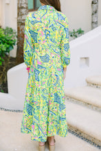 Load image into Gallery viewer, Green Print Long Sleeve Button Down Midi Dress