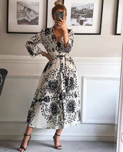 Load image into Gallery viewer, White Print Long Sleeve Button Down Midi Dress