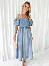 Load image into Gallery viewer, Off-Shoulder Balloon Sleeve Denim Dress