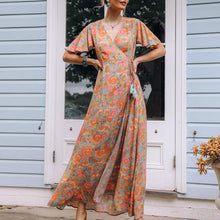 Load image into Gallery viewer, Vintage Boho Orange Floral Print Maxi Wrap Dress