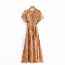 Load image into Gallery viewer, Vintage Boho Orange Floral Print Maxi Wrap Dress