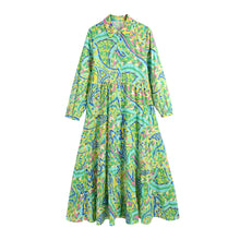 Load image into Gallery viewer, Green Print Long Sleeve Button Down Midi Dress