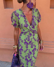Load image into Gallery viewer, Green Print Ruched Midi Dress