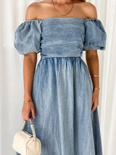 Load image into Gallery viewer, Off-Shoulder Balloon Sleeve Denim Dress