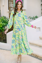 Load image into Gallery viewer, Green Print Long Sleeve Button Down Midi Dress