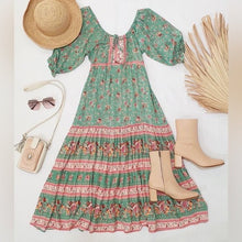 Load image into Gallery viewer, Boho Blue Floral Print Short Sleeve Maxi Dress