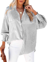 Load image into Gallery viewer, Blue Smocked Cuffed Striped Boyfriend Shirt With Pocket