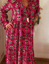 Load image into Gallery viewer, Pink Skull Print Long Sleeves Maxi Dress