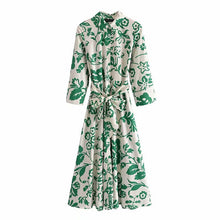 Load image into Gallery viewer, Green Collar Long Sleeve Floral Midi Dress