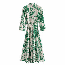 Load image into Gallery viewer, Green Collar Long Sleeve Floral Midi Dress