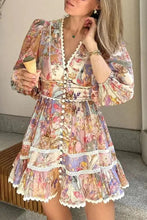 Load image into Gallery viewer, Vintage Print Buttons V Neck Mini Dresses