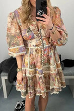 Load image into Gallery viewer, Vintage Print Buttons V Neck Mini Dresses