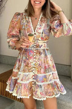 Load image into Gallery viewer, Vintage Print Buttons V Neck Mini Dresses