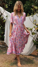 Load image into Gallery viewer, Pink Floral Print Cotton Short Sleeve Flowy Midi Dress