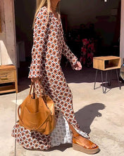 Load image into Gallery viewer, Brown Geometric Print Long Sleeve Maxi Dress

