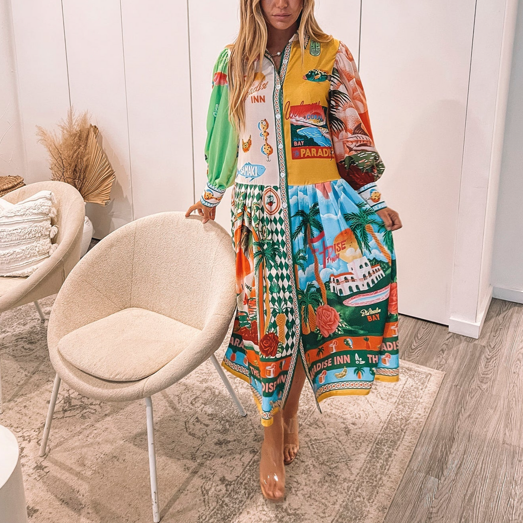 Boldness and Art Unique Print Balloon Sleeve Patchwork Shirt Midi Dress