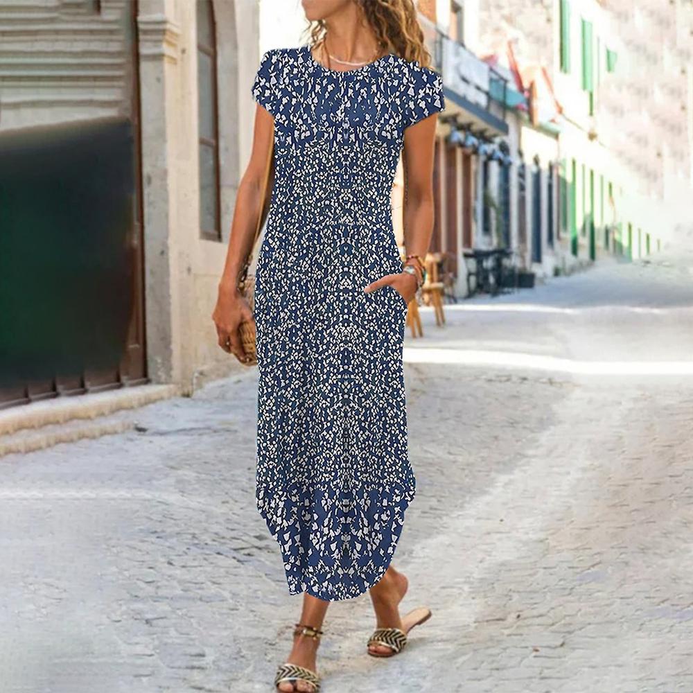 Blue Print Short Sleeve Maxi Dress