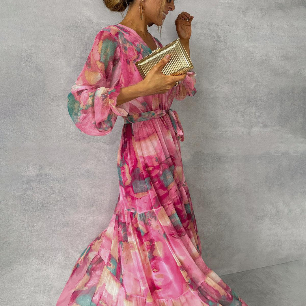 Pink Printed Long Sleeve Maxi Chiffon Dress