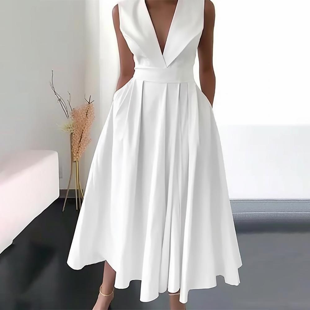 White A-line Pleated Midi Dress