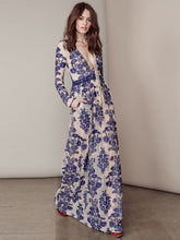 Load image into Gallery viewer, Embroidery Lace Sheer Long Sleeve Deep V Neck Boho Bohemian Beach Dress Gown
