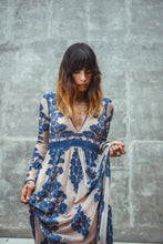 Load image into Gallery viewer, Embroidery Lace Sheer Long Sleeve Deep V Neck Boho Bohemian Beach Dress Gown
