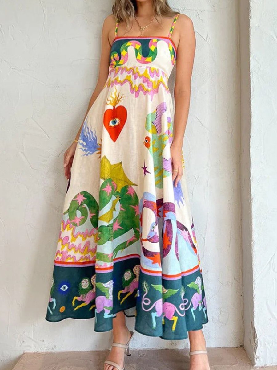 Straps Print Swing Midi Dress
