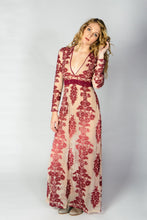 Load image into Gallery viewer, Embroidery Lace Sheer Long Sleeve Deep V Neck Boho Bohemian Beach Dress Gown
