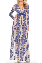 Load image into Gallery viewer, Embroidery Lace Sheer Long Sleeve Deep V Neck Boho Bohemian Beach Dress Gown

