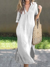 Load image into Gallery viewer, Classic V-neck Split Side Pockets Linen Midi Dress
