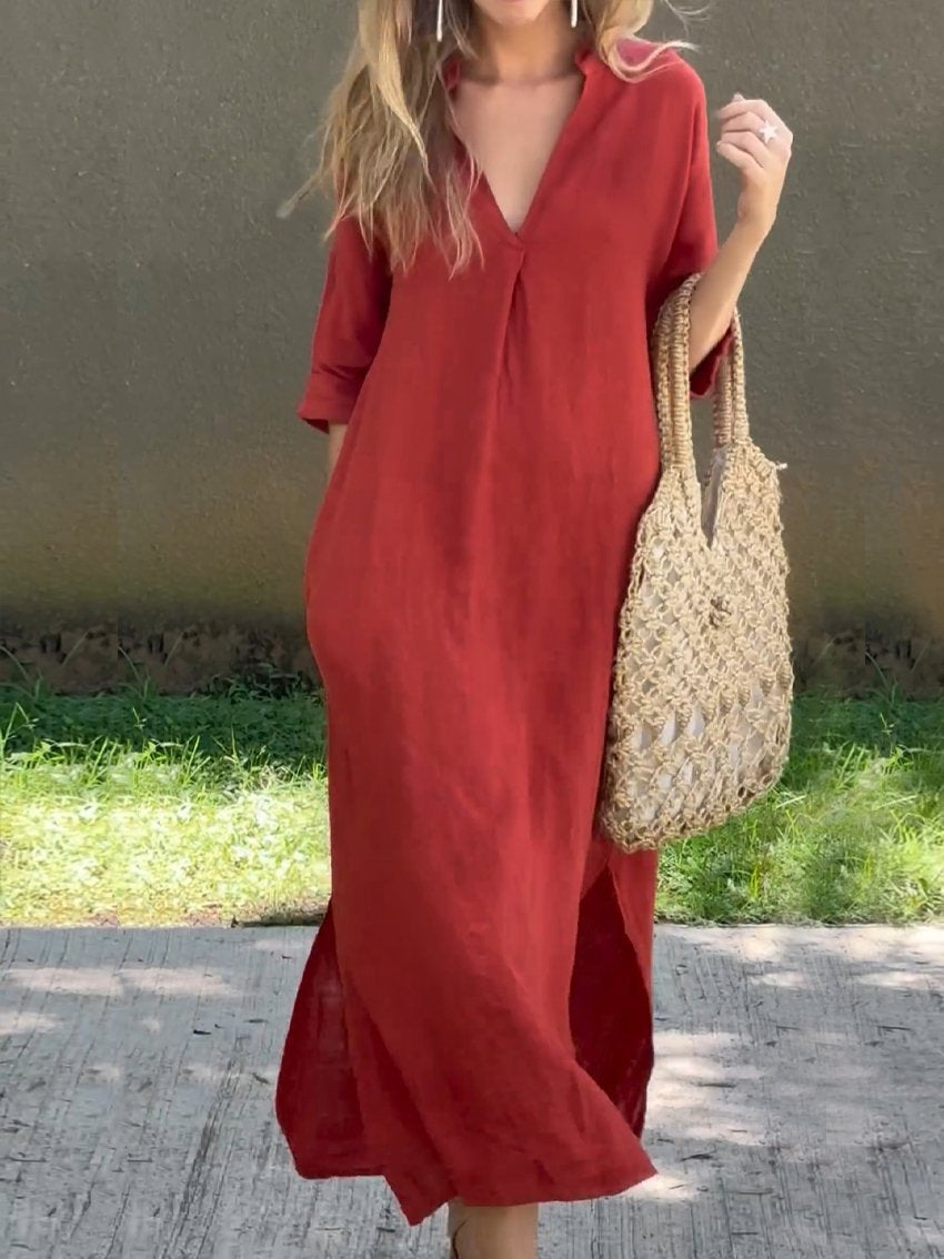 Classic V-neck Split Side Pockets Linen Midi Dress
