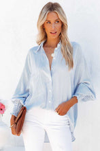 Load image into Gallery viewer, Blue Smocked Cuffed Striped Boyfriend Shirt With Pocket
