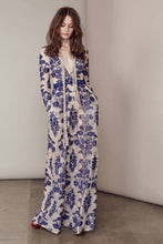 Load image into Gallery viewer, Embroidery Lace Sheer Long Sleeve Deep V Neck Boho Bohemian Beach Dress Gown

