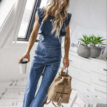 Load image into Gallery viewer, Blue Ruffled Lace-up Denim Jumpsuit
