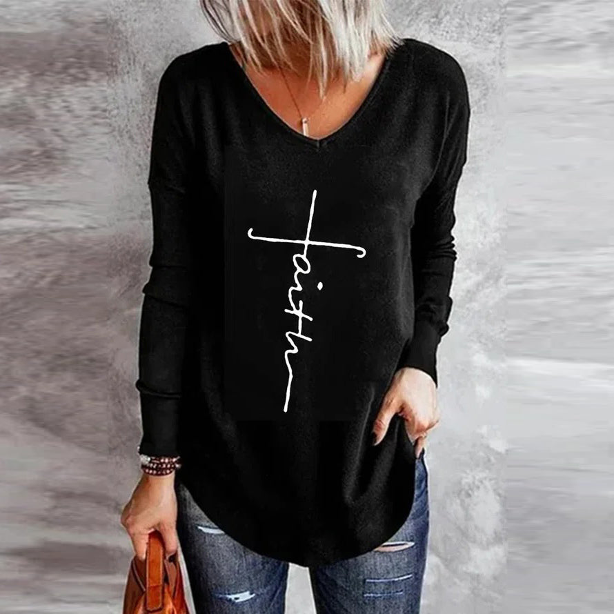 Black Faith Print Long Sleeve Top