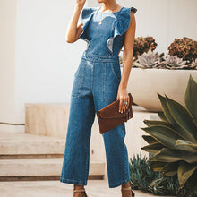 Load image into Gallery viewer, Blue Ruffled Lace-up Denim Jumpsuit
