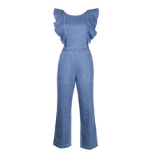 Load image into Gallery viewer, Blue Ruffled Lace-up Denim Jumpsuit
