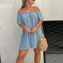 Load image into Gallery viewer, Short Sleeve Elastic Neck Casual Mini Denim Dress
