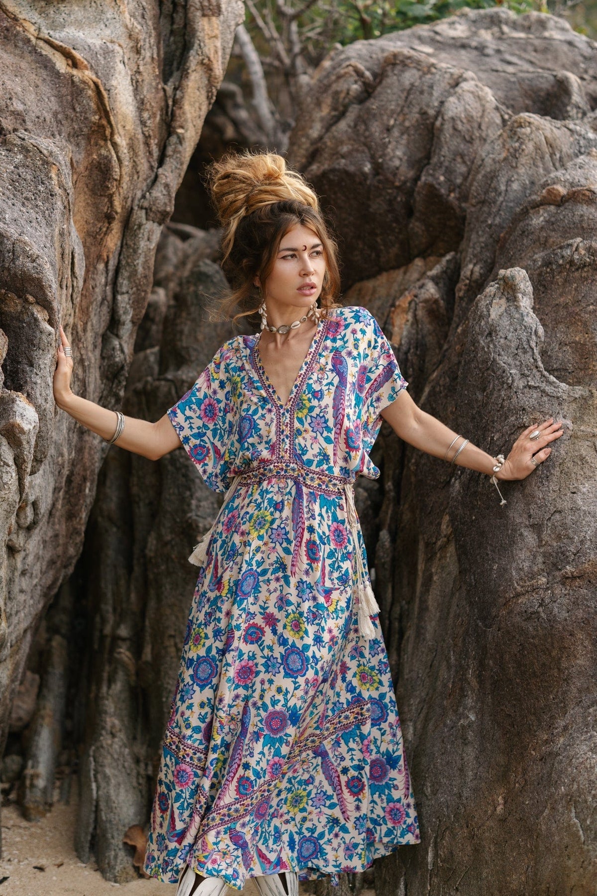 bohemian peacock print maxi dress Boho Floral Peacock Print Long Dress – Femmefinery.store